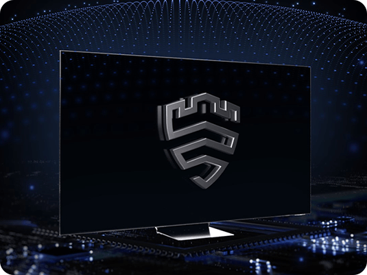 画面展示了一台2024款三星OLED电视，这台电视正在播放一个以深邃的黑色为背景的“三星 Knox Security”标识画面。
